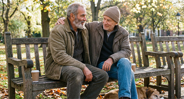 two friends chatting on park bench